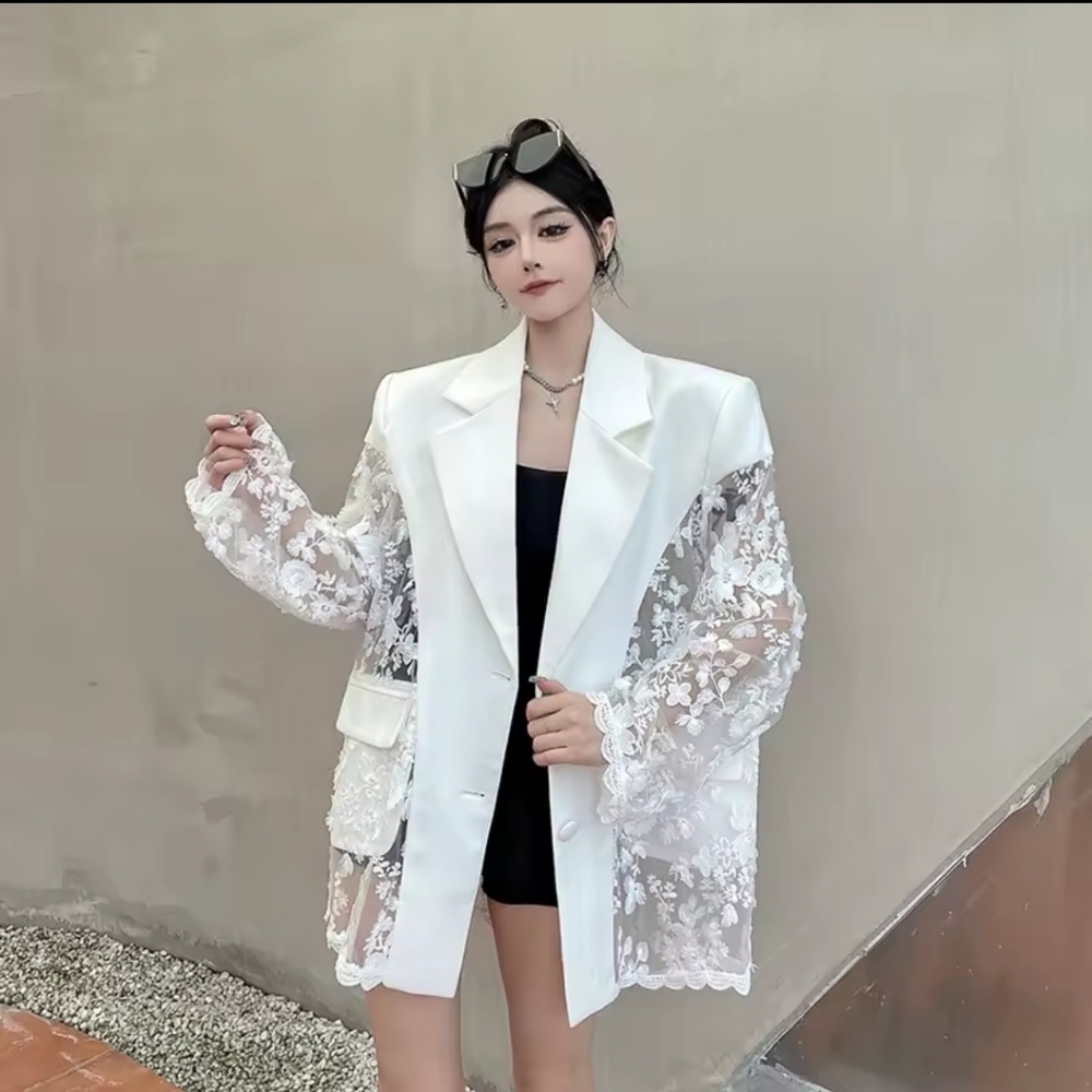 Fashion Floating Flower Design PerspectivePatchwork Blazer Women's Lapel Loose - Picture 3 of 6